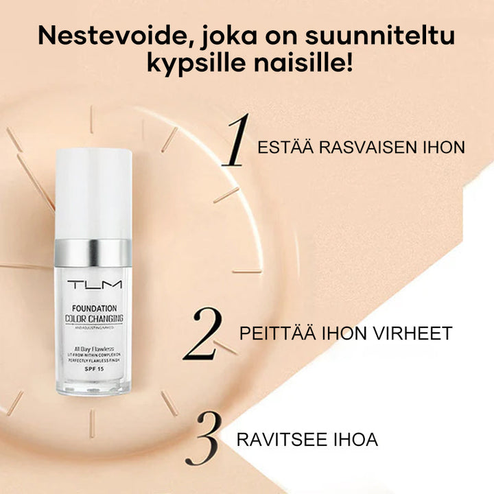 Farveændrende makeup til voksen hud, naturlig nuance, minimerer porer, mat finish, 30 ml beholder.