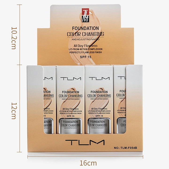 Farveændrende makeup til voksen hud, naturlig nuance, minimerer porer, mat finish, 30 ml beholder.