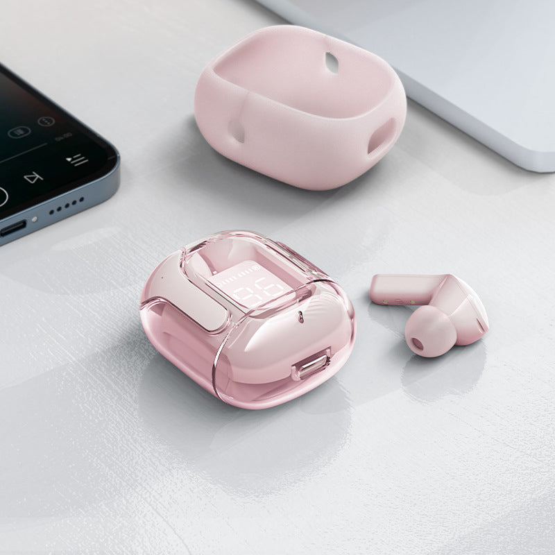 Farverige Bluetooth-høretelefoner med ENC og futuristisk gennemsigtigt etui, HiFi-stereolyd.