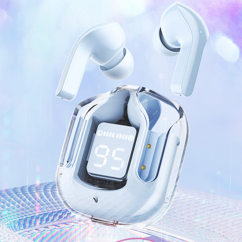 Farverige Bluetooth-høretelefoner med ENC og futuristisk gennemsigtigt etui, HiFi-stereolyd.