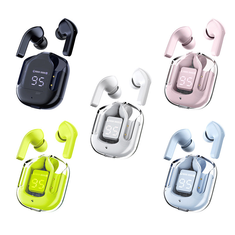 Farverige Bluetooth-høretelefoner med ENC og futuristisk gennemsigtigt etui, HiFi-stereolyd.