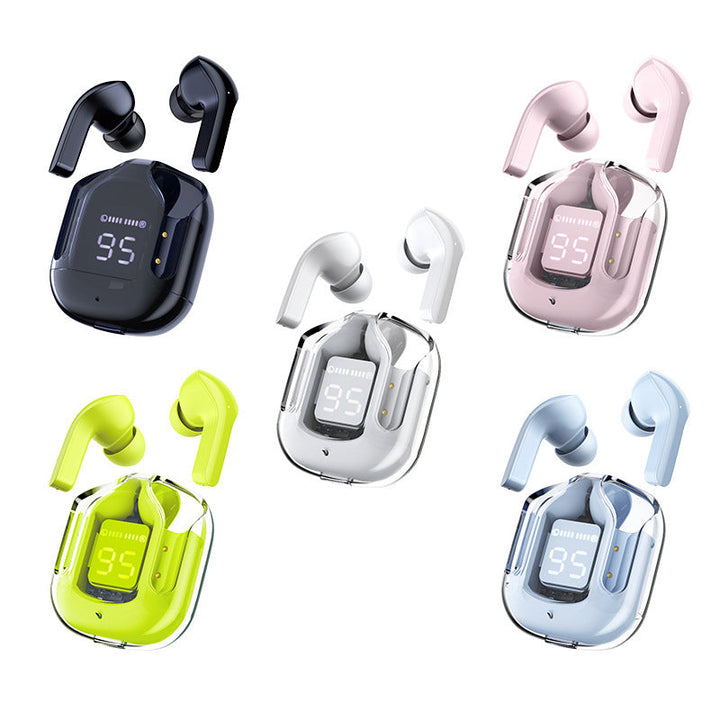 Farverige Bluetooth-høretelefoner med ENC og futuristisk gennemsigtigt etui, HiFi-stereolyd.