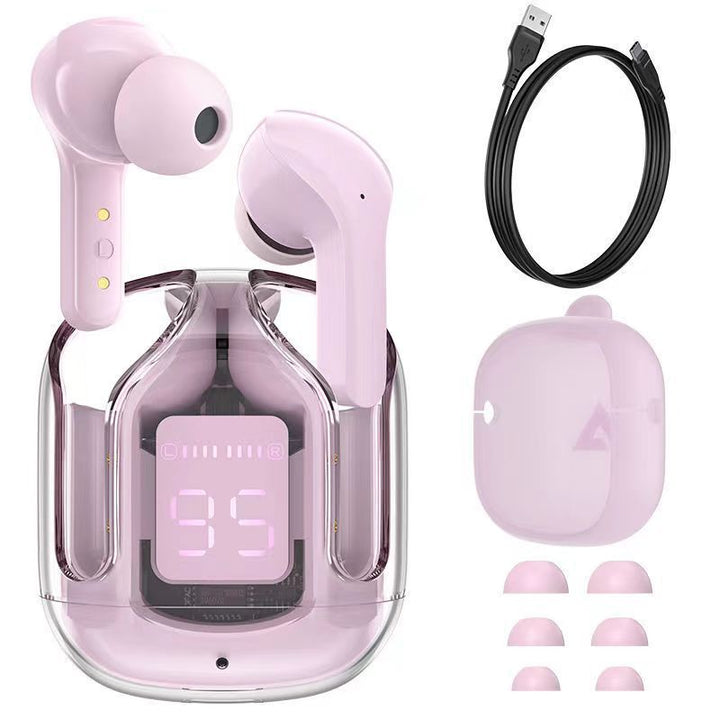 Farverige Bluetooth-høretelefoner med ENC og futuristisk gennemsigtigt etui, HiFi-stereolyd.