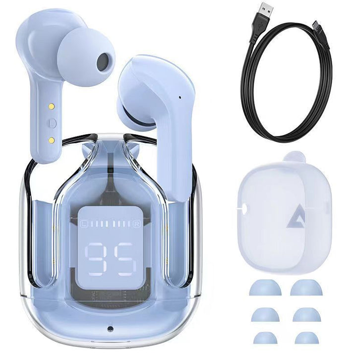Farverige Bluetooth-høretelefoner med ENC og futuristisk gennemsigtigt etui, HiFi-stereolyd.