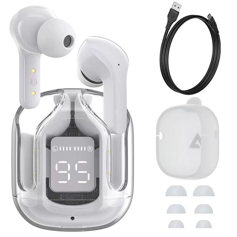 Farverige Bluetooth-høretelefoner med ENC og futuristisk gennemsigtigt etui, HiFi-stereolyd.