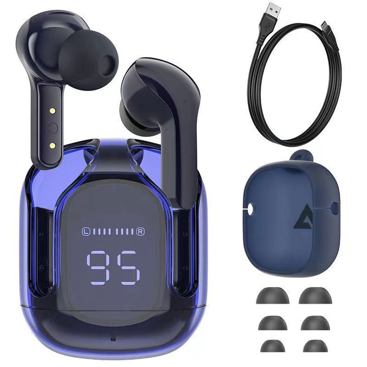 Farverige Bluetooth-høretelefoner med ENC og futuristisk gennemsigtigt etui, HiFi-stereolyd.