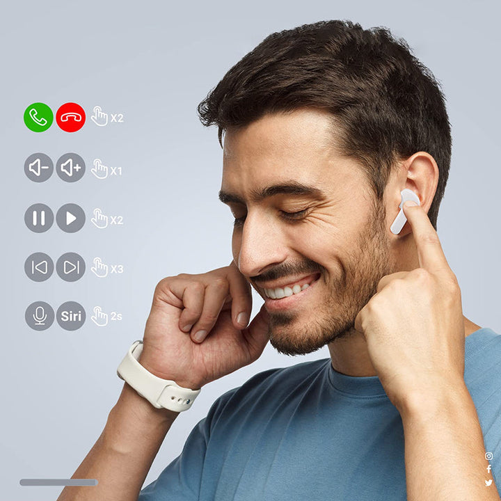 Farverige Bluetooth-høretelefoner med ENC og futuristisk gennemsigtigt etui, HiFi-stereolyd.