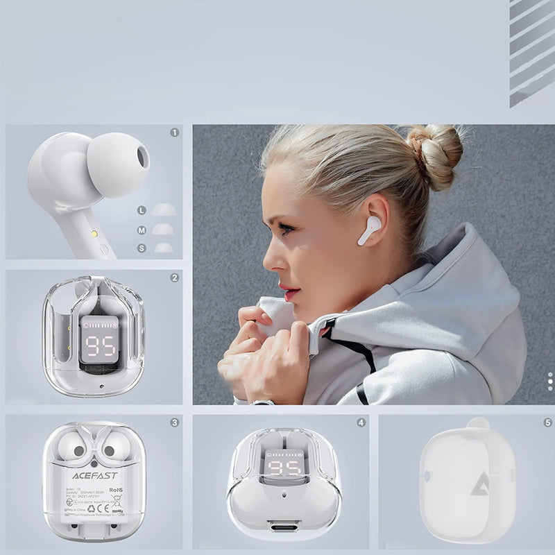 Farverige Bluetooth-høretelefoner med ENC og futuristisk gennemsigtigt etui, HiFi-stereolyd.