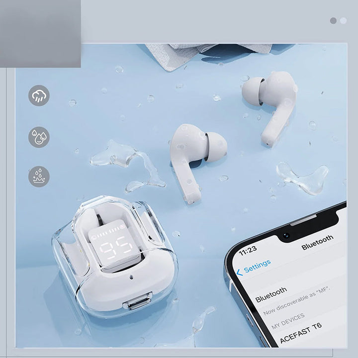 Farverige Bluetooth-høretelefoner med ENC og futuristisk gennemsigtigt etui, HiFi-stereolyd.