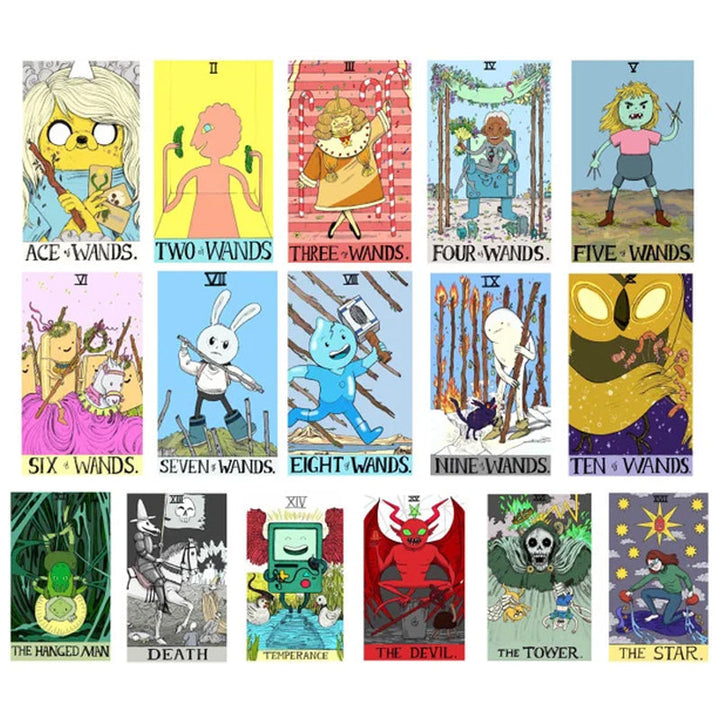 "Värikkäät Seikkailuaika-teemaiset 78 Tarot-korttia, mystinen lisävaruste itsetutkiskeluun ja ennustamiseen."