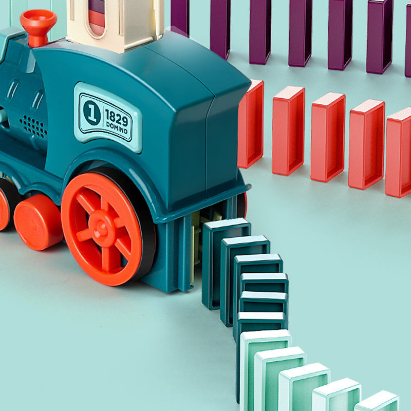 Farverigt Domino Togblok Sæt, automatisk bevægeligt tog, STEM legetøj for børn, udvikler rumlig tænkning.