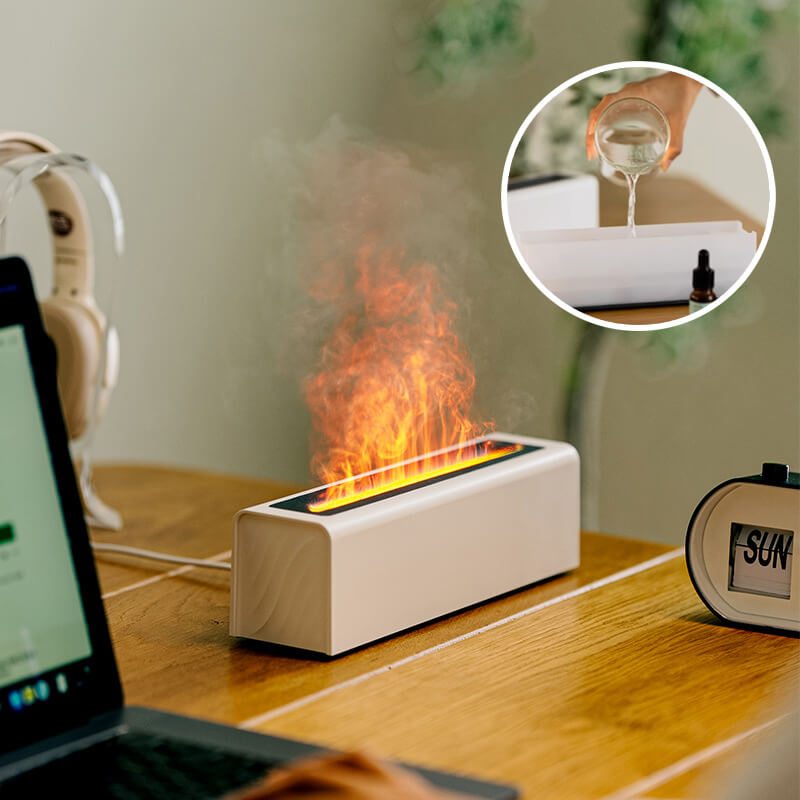 Farverig LED aroma diffusor med 7-farvet flamme LED-lys, skaber en fredfyldt hjemmeatmosfære. Alsidig ultralyds enhed.