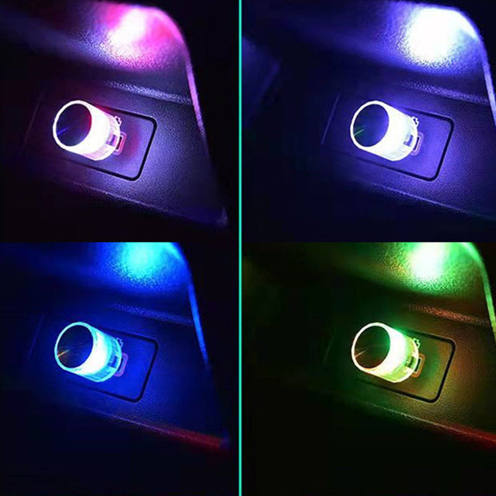Farverigt USB-blinklys til bil og interiør, kompakt og kraftfuldt LED-stemningslys med klare farver.