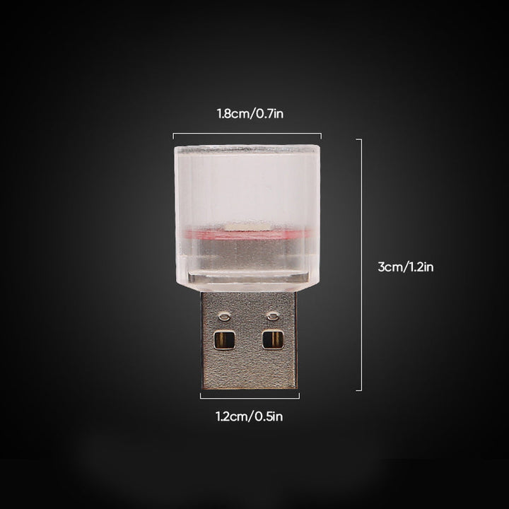 Farverigt USB-blinklys til bil og interiør, kompakt og kraftfuldt LED-stemningslys med klare farver.