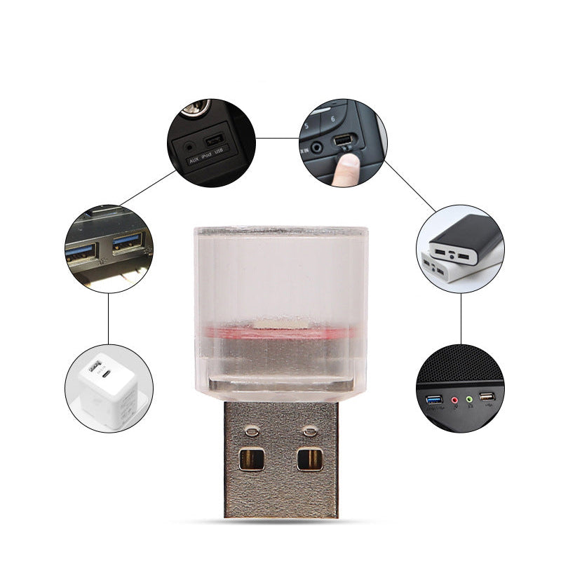Farverigt USB-blinklys til bil og interiør, kompakt og kraftfuldt LED-stemningslys med klare farver.