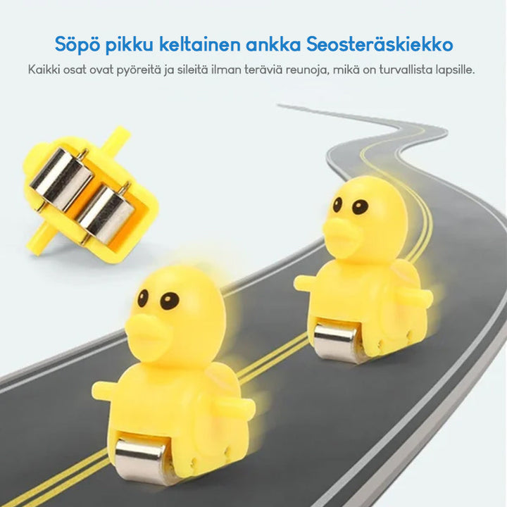 Farverigt andetrappe legetøj med LED-lys, blå og gule trin, glad musik, sikker legeoplevelse.