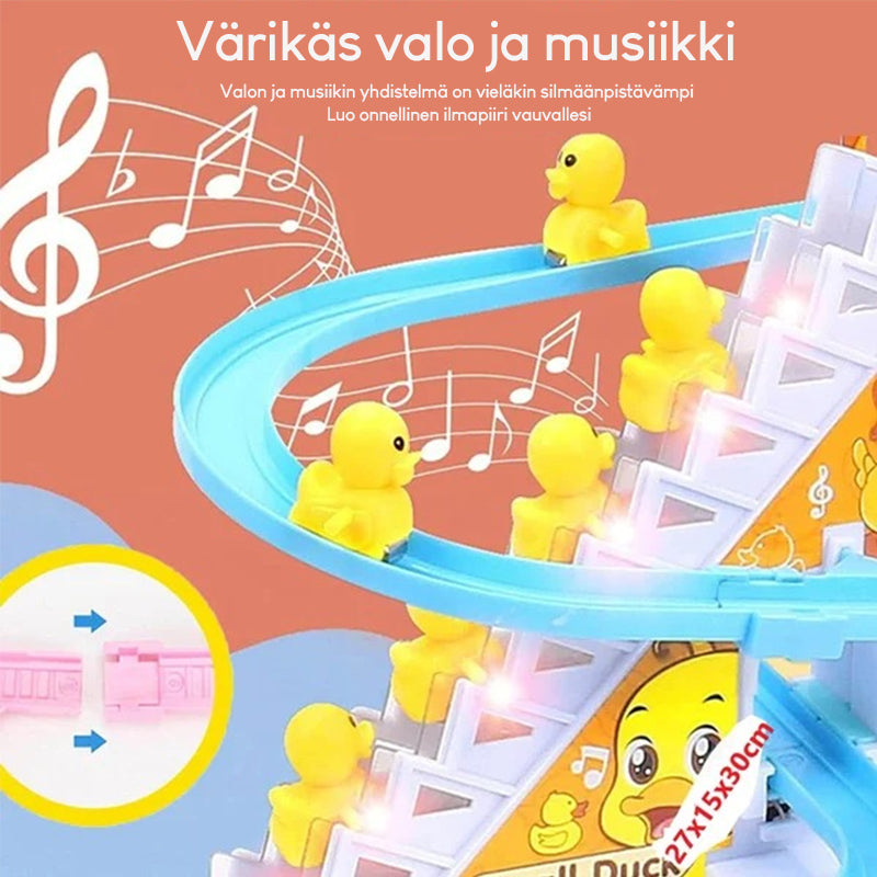 Farverigt andetrappe legetøj med LED-lys, blå og gule trin, glad musik, sikker legeoplevelse.
