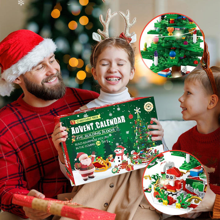 Farverig juletræs adventskalender til børn, grønt træ med 24 overraskelseslåger, spændende nedtælling for børn.