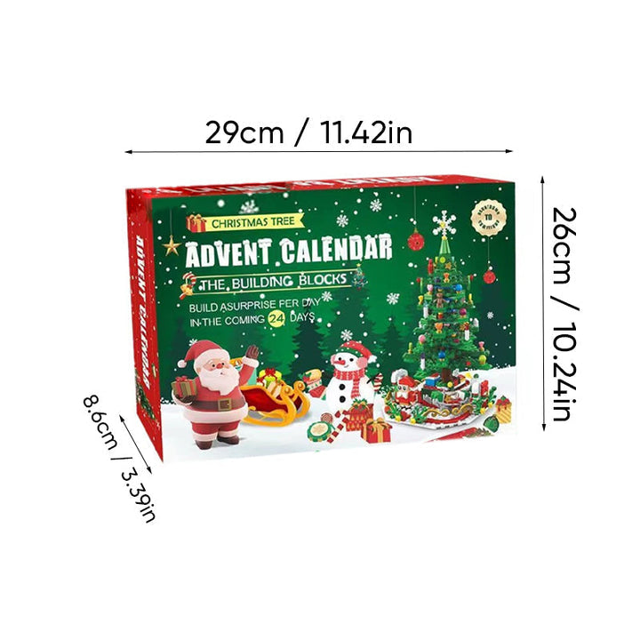 Farverig juletræs adventskalender til børn, grønt træ med 24 overraskelseslåger, spændende nedtælling for børn.
