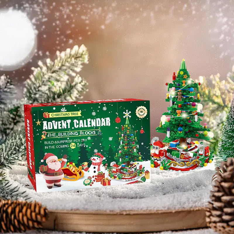 Farverig juletræs adventskalender til børn, grønt træ med 24 overraskelseslåger, spændende nedtælling for børn.