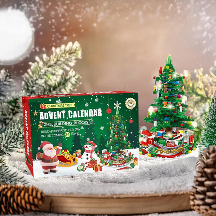 Farverig juletræs adventskalender til børn, grønt træ med 24 overraskelseslåger, spændende nedtælling for børn.
