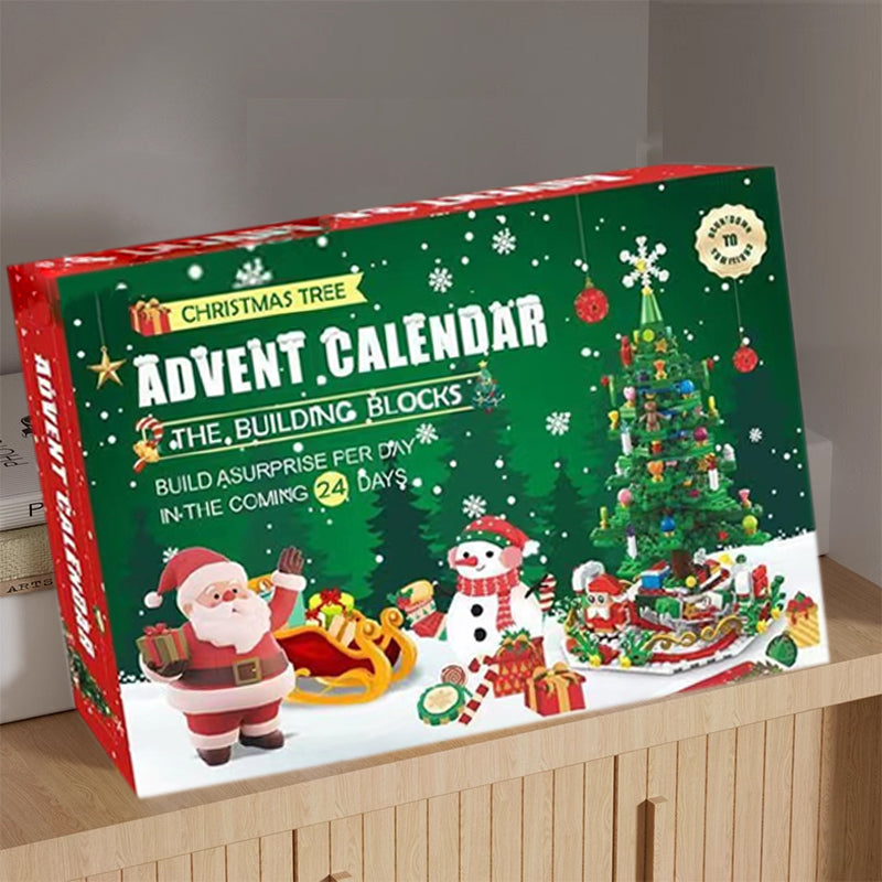 Farverig juletræs adventskalender til børn, grønt træ med 24 overraskelseslåger, spændende nedtælling for børn.