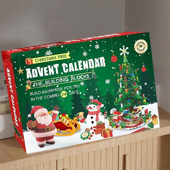 Farverig juletræs adventskalender til børn, grønt træ med 24 overraskelseslåger, spændende nedtælling for børn.