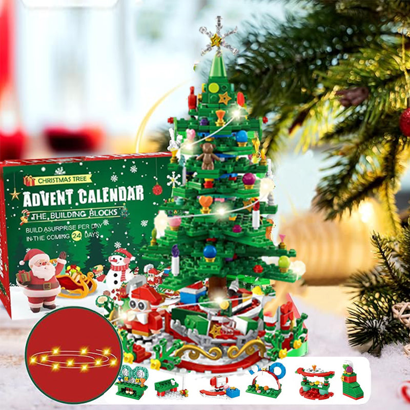 Farverig juletræs adventskalender til børn, grønt træ med 24 overraskelseslåger, spændende nedtælling for børn.