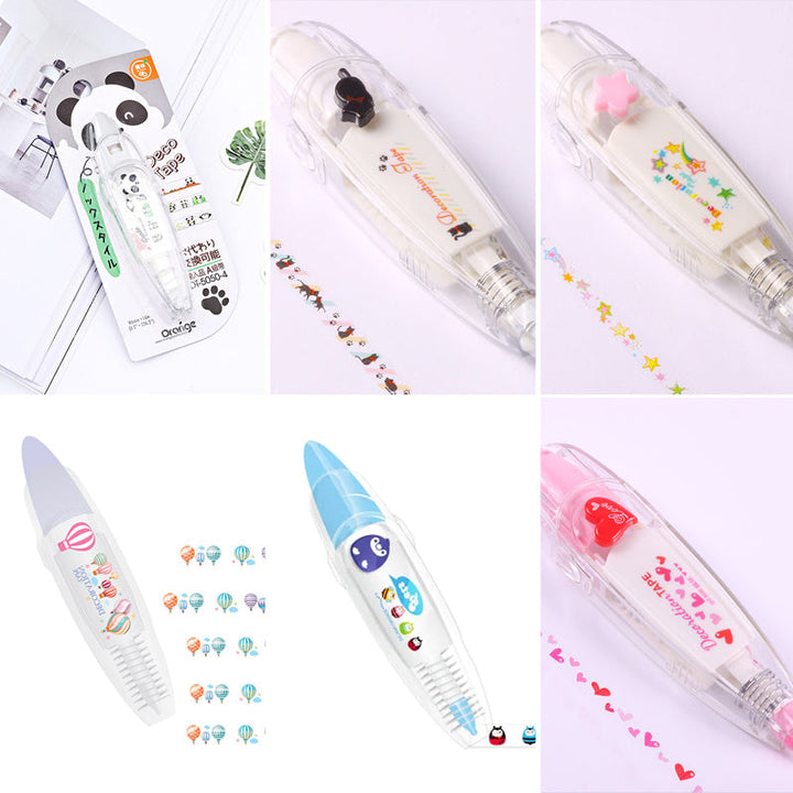 Farverig dekorativ tape-pen til hobbybrug, med uglemotiv og alfabeter, velegnet til dekoration af bøger og kort.