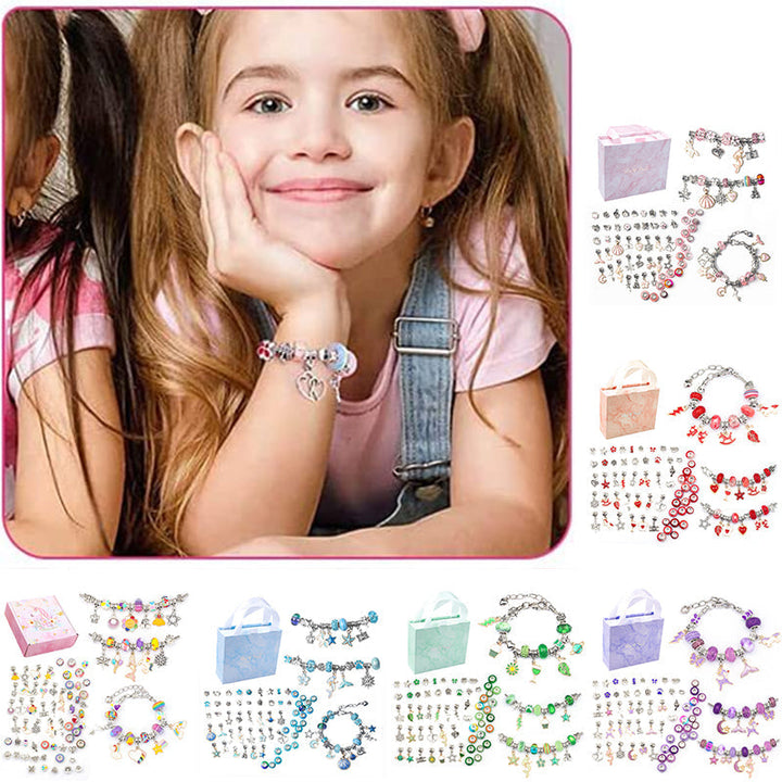 Farverigt DIY-armbåndssæt til børn, indeholder flerfarvede perler og vedhæng til kreative smykkedesigns.