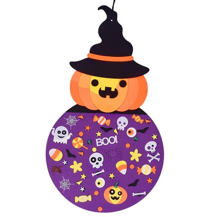 Farverigt børne Halloween filt håndværksæt, græskar og hekse motiver i lilla nuancer