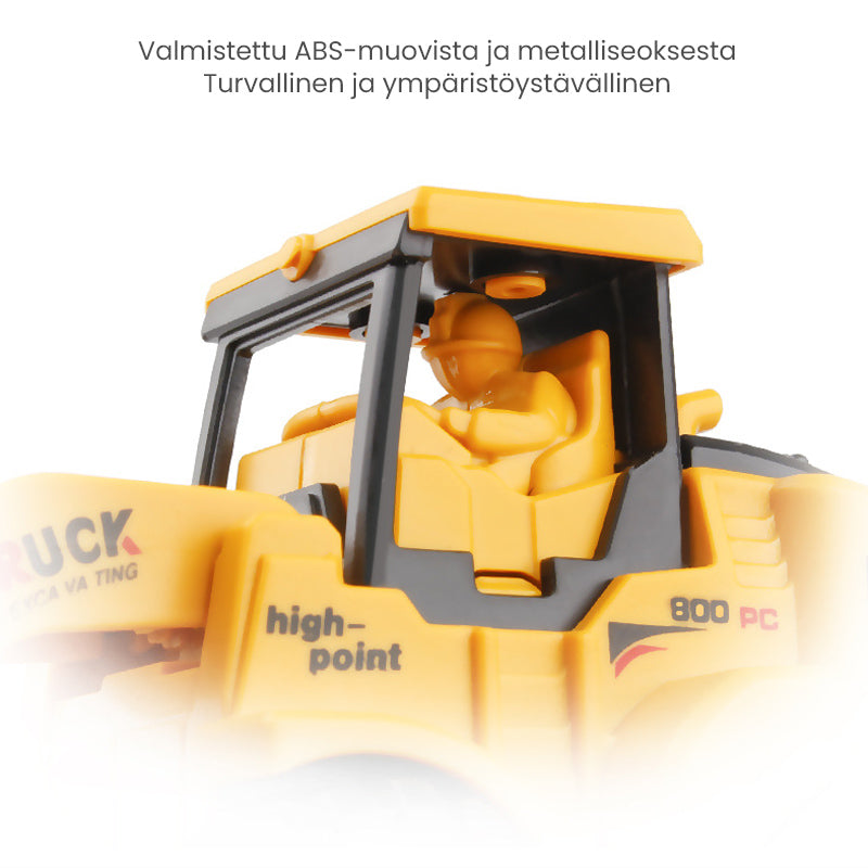Farverige børne-entreprenørmaskiner, gravemaskine, gaffeltruck, sikkert legetøj, ingen batterier.