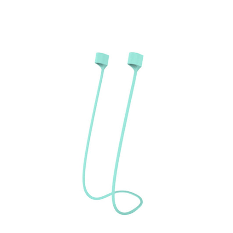 Multifarvet magnetisk Airpods-halsrem i silikone, tilgængelig i fire farver: mint, sort, pink og hvid.