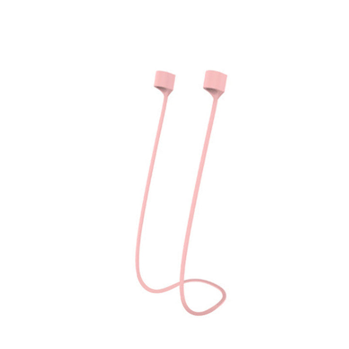 Multifarvet magnetisk Airpods-halsrem i silikone, tilgængelig i fire farver: mint, sort, pink og hvid.