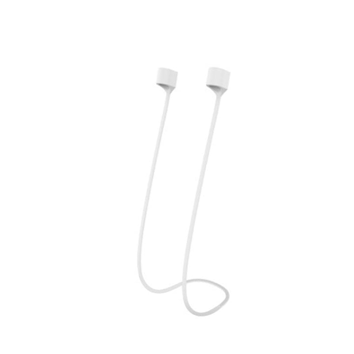 Multifarvet magnetisk Airpods-halsrem i silikone, tilgængelig i fire farver: mint, sort, pink og hvid.