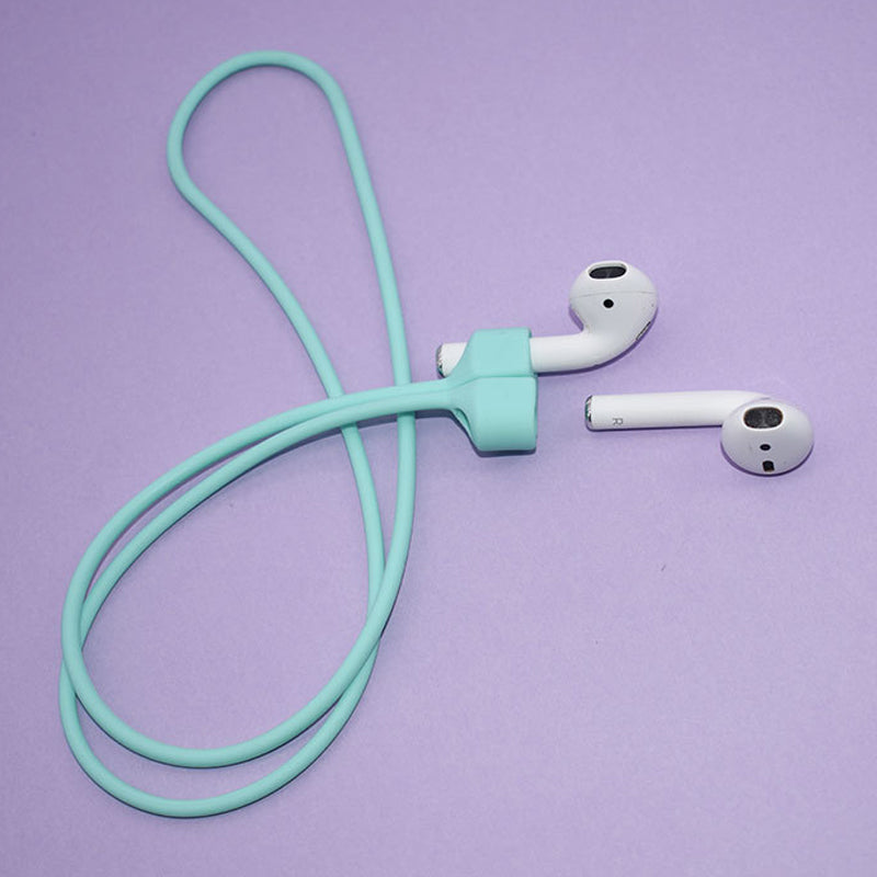 Multifarvet magnetisk Airpods-halsrem i silikone, tilgængelig i fire farver: mint, sort, pink og hvid.