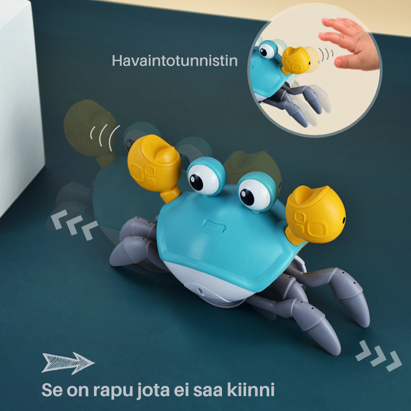 Farverigt mekanisk krabbelegetøj, der kryber på sand, alsidigt legetøj til stranden og badetid, glad ledsager til børns eventyr.