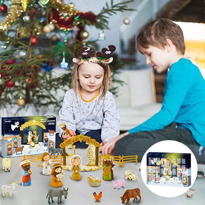 Farverig, skandinavisk børnejulekalender med 24 overraskelser og dyrefigurer, kompakt størrelse til juleforventning.