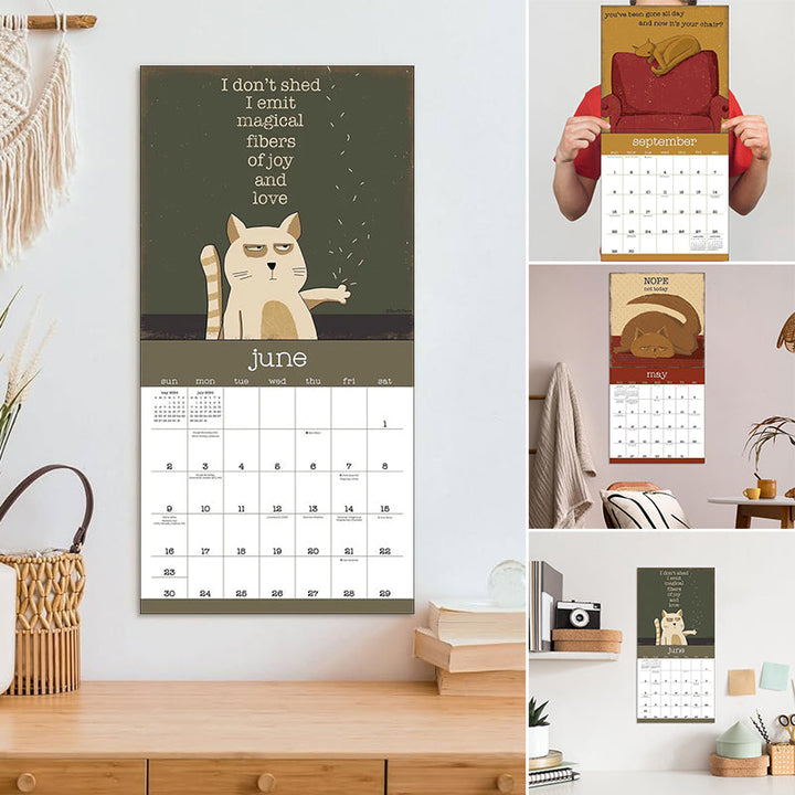 2024 Sinneløse Katte Vægkalender, farverige kattebilleder, humor, miljøvenligt materiale, rummelig planlægning