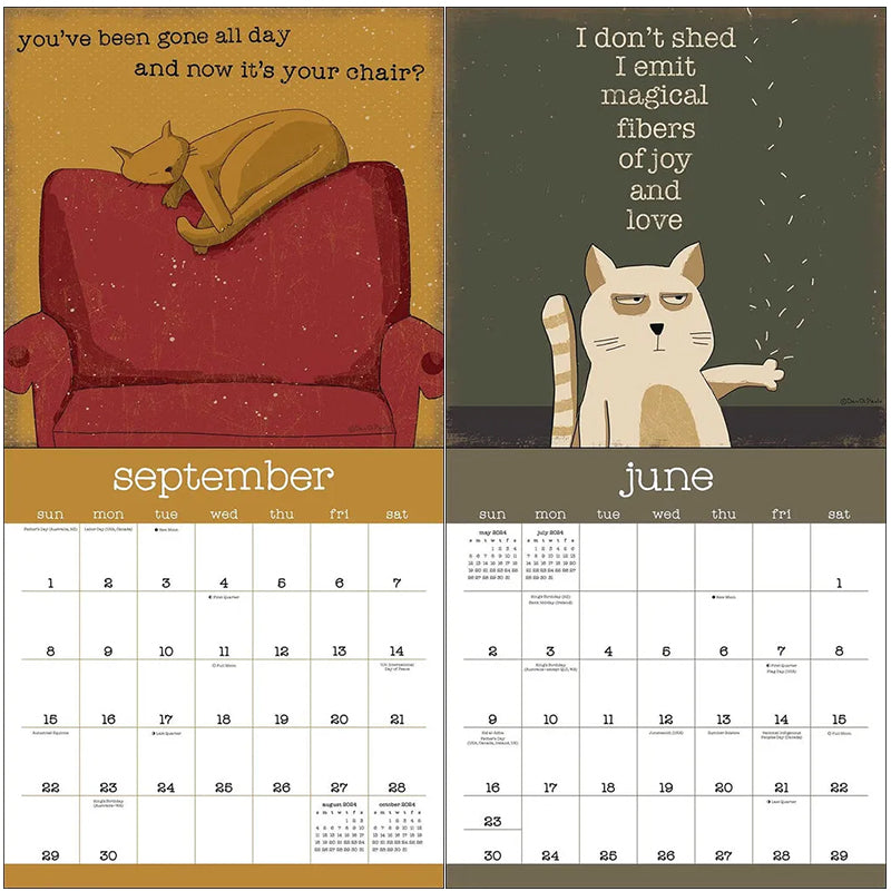 2024 Sinneløse Katte Vægkalender, farverige kattebilleder, humor, miljøvenligt materiale, rummelig planlægning