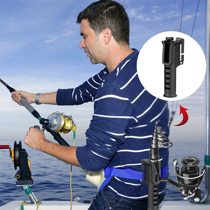 Fiskestangholder til fiskere, bælte model, sort/grøn/khaki, holdbart plast/nylon, dobbelt fastgørelse.