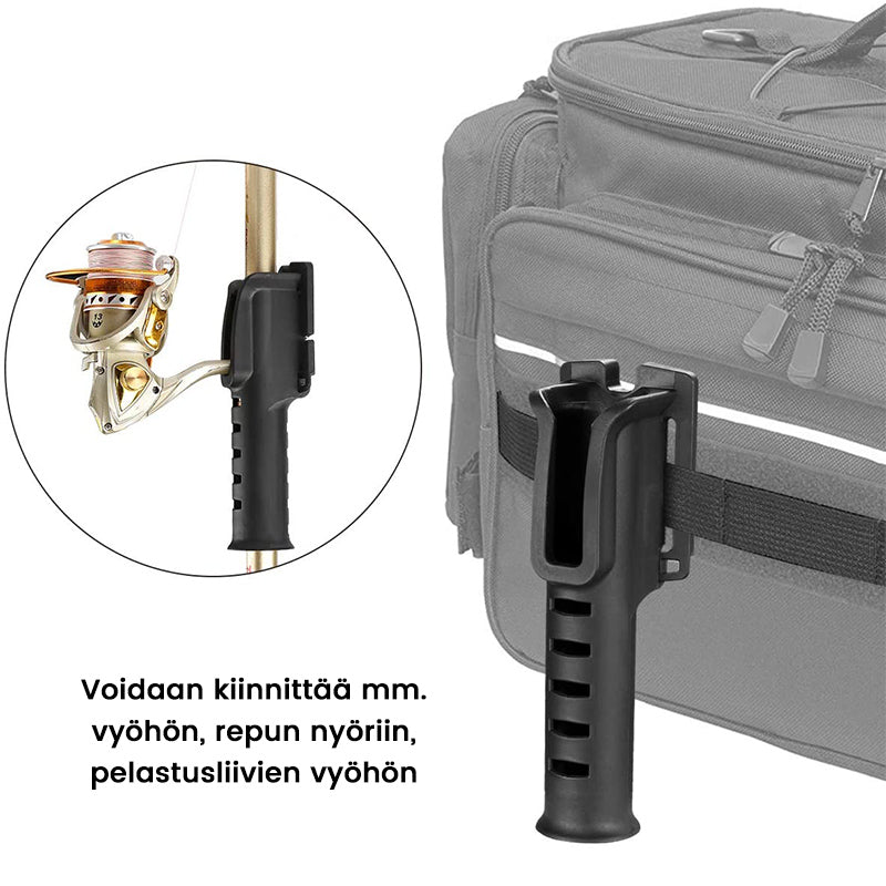 Fiskestangholder til fiskere, bælte model, sort/grøn/khaki, holdbart plast/nylon, dobbelt fastgørelse.