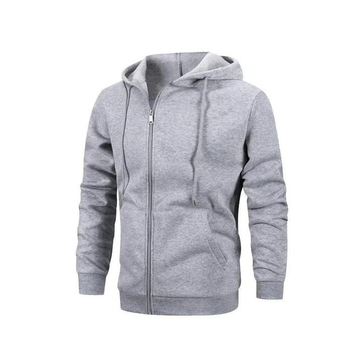 Ensfarvet herre lynlåsjakke uden hætte, afslappet streetwear-stil, fulde ærmer, komfortabel og praktisk.