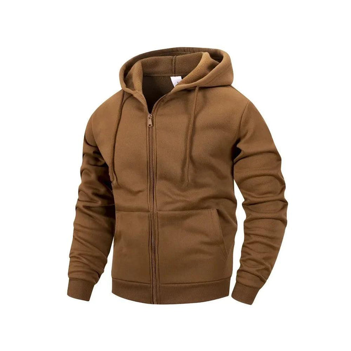 Ensfarvet herre lynlåsjakke uden hætte, afslappet streetwear-stil, fulde ærmer, komfortabel og praktisk.