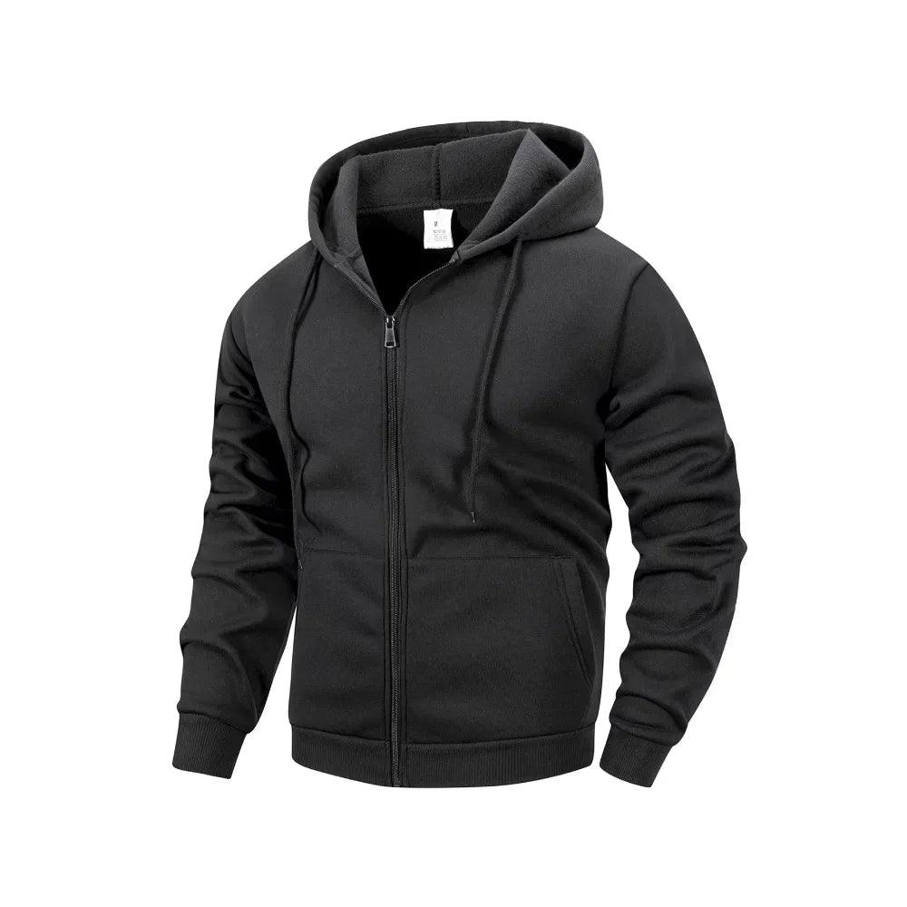 Ensfarvet herre lynlåsjakke uden hætte, afslappet streetwear-stil, fulde ærmer, komfortabel og praktisk.