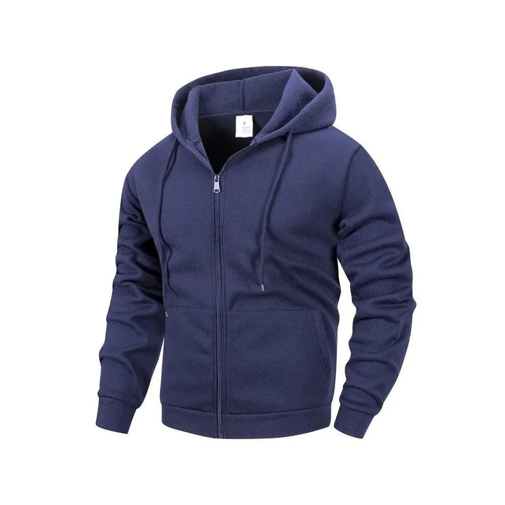 Ensfarvet herre lynlåsjakke uden hætte, afslappet streetwear-stil, fulde ærmer, komfortabel og praktisk.