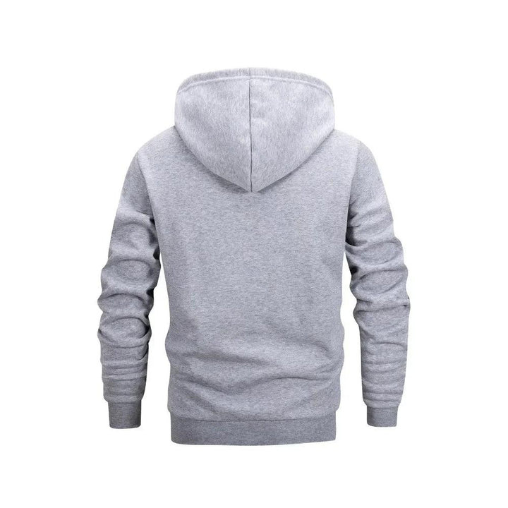 Ensfarvet herre lynlåsjakke uden hætte, afslappet streetwear-stil, fulde ærmer, komfortabel og praktisk.