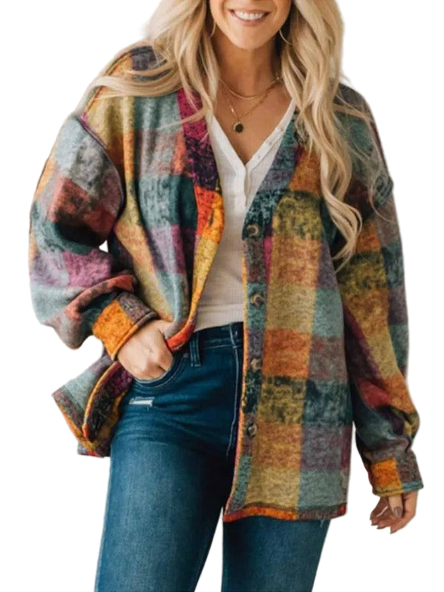 Ylipitkä ruudullinen fleece talvitakki naisille, ajaton lännen tyyli, napit ja ribbikujat lisäävät mukavuutta.