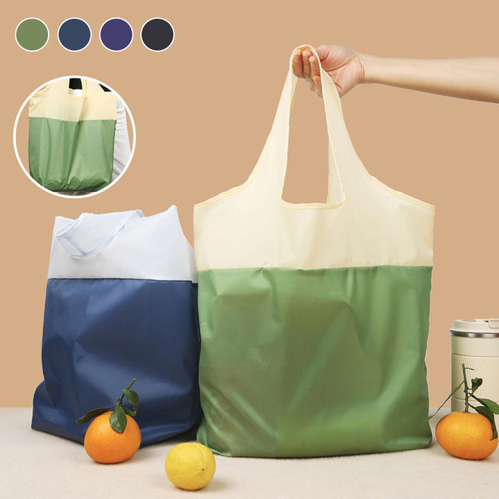 Miljøvenlig indkøbspose i blå, grøn, lilla og cyan; lavet af genanvendt RPET polyester, holdbar og let.