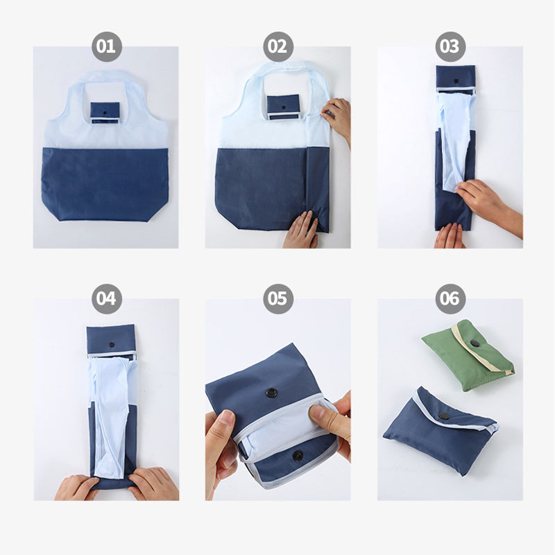 Miljøvenlig indkøbspose i blå, grøn, lilla og cyan; lavet af genanvendt RPET polyester, holdbar og let.